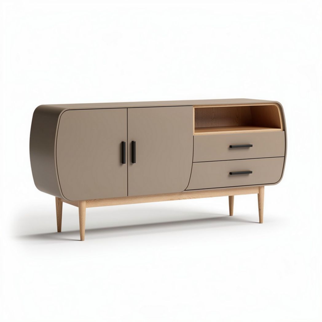 Lowboard aus Holz in beige mit zwei Schubladen und offener Ablage 150 x 40 x 70cm