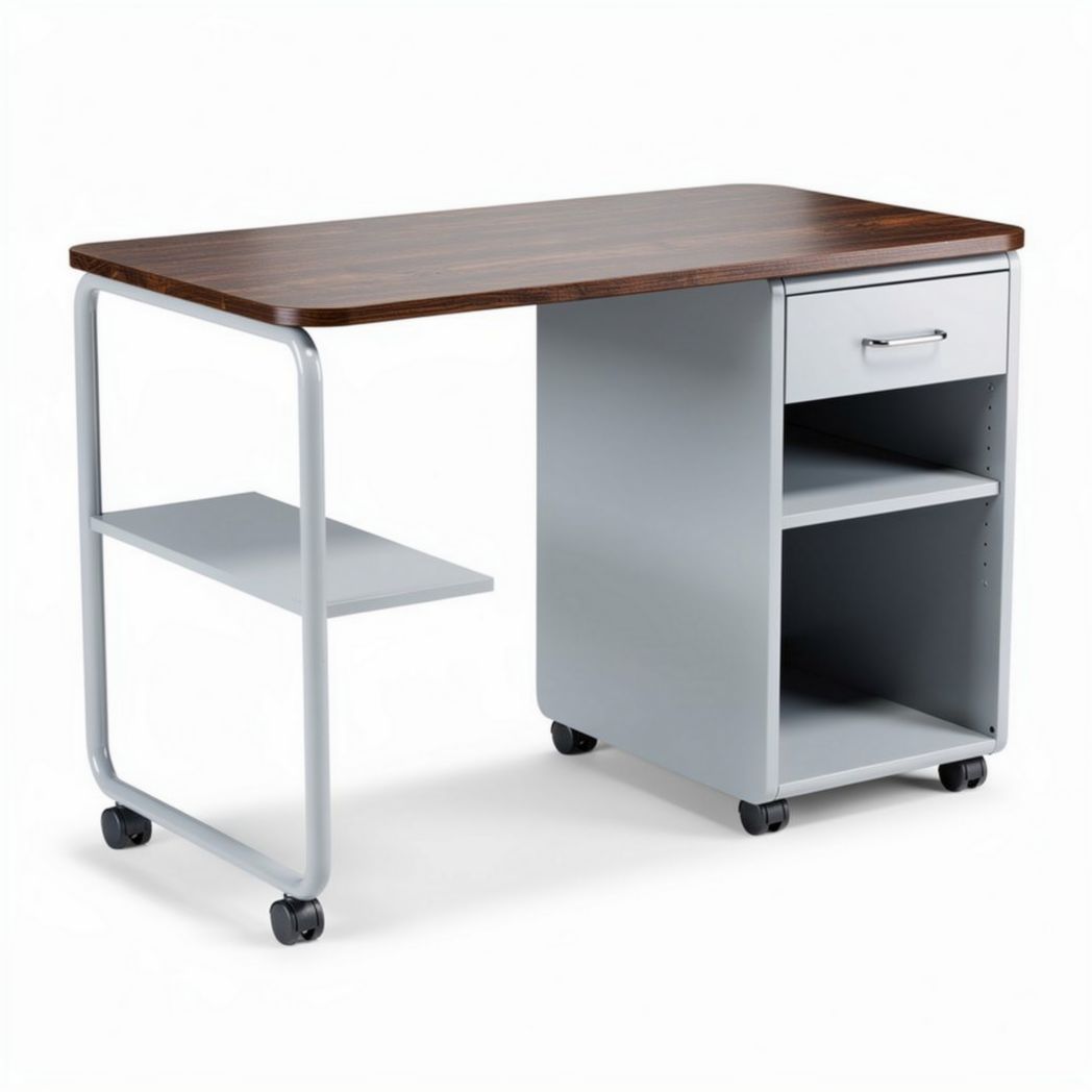 Schreibtisch aus Holz und Metall mit Schublade und offenen Fächern 100 x 50 x 75cm