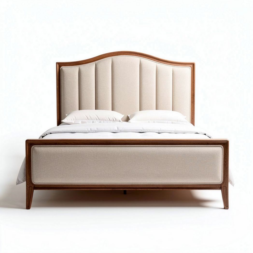 Polsterbett mit Kopfteil aus beige Stoff und Holzrahmen 200 x 160 x 100cm